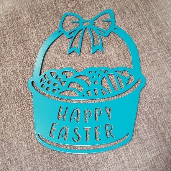 Brand New "HAPPY EASTER" Powdered Coated Steel  Easter Basket Wall Decor - Teal - Picture 2 of 4